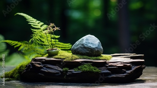 summer scene, beautiful meditation accessories on stone and wood, copy space, 16:9