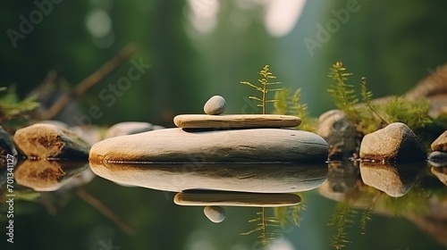 summer scene, beautiful meditation accessories on stone and wood, copy space, 16:9 photo