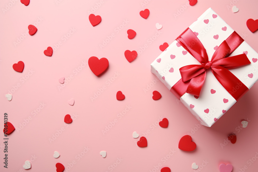 Top view of white Valentine's day gift boxes with hearts in front of pink background Top view of white Valentine's day gift boxes with hearts in front of pink background
