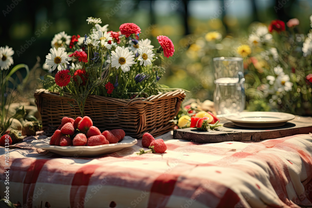Picnic in the garden on a sunny summer day. Picnic in the park. Picnic in the fresh air