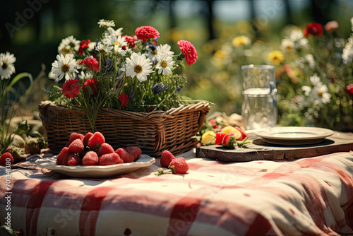 Picnic in the garden on a sunny summer day. Picnic in the park. Picnic in the fresh air