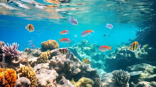 A snorkeling adventure with coral reef and vibrant marine life , snorkeling adventure, coral reef, marine life.
