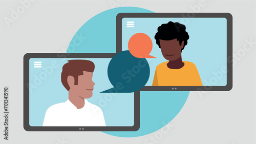 Vektor-Illustration von zwei Tablet-PCs mit Menschen, die miteinander kommunizieren - Business-Konzept