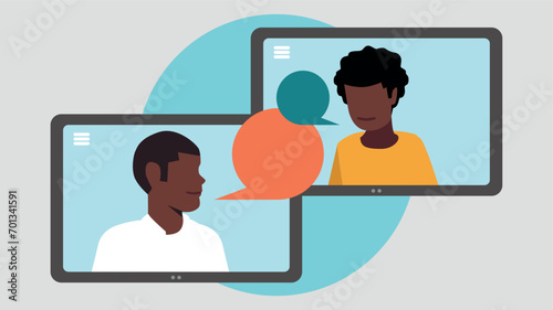 Vektor-Illustration von zwei Tablet-PCs mit Menschen, die miteinander kommunizieren - Business-Konzept