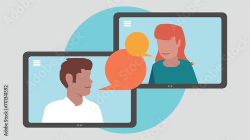 Vektor-Illustration von zwei Tablet-PCs mit Menschen, die miteinander kommunizieren - Business-Konzept