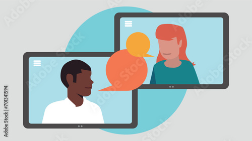 Vektor-Illustration von zwei Tablet-PCs mit Menschen, die miteinander kommunizieren - Business-Konzept