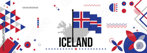 Iceland national or independence day banner for country celebration. Flag and map of Icelanders with raised fists. Modern retro design with typorgaphy abstract geometric icons. Vector illustration.