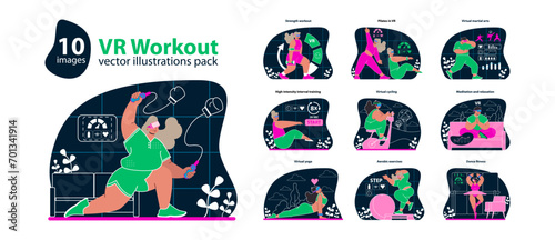 VR Workout set. Interactive and immersive fitness routines. Engaging virtual reality exercises across diverse activities. Dynamic home training experience. Flat vector illustration.