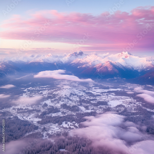 Serene Sunrise Over Snow-Capped Mountain Peaks and Forest
