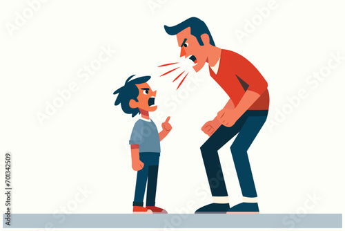 argument fight conflict concept, son-dad, student-teacher, kid-adult, yell scream shout, minimal flat cartoon design