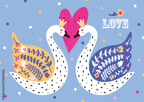 Swans in love. Vector illustration for Valentine's Day. Decorative postcard.