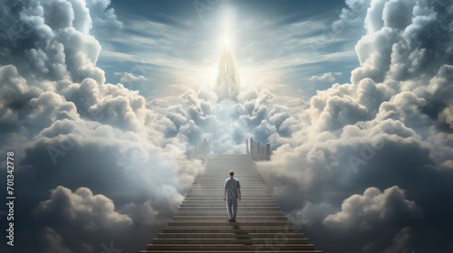 Foto A man walking up the stairs to heaven