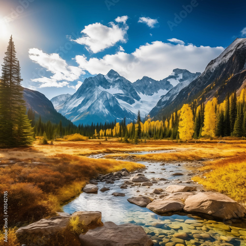 Majestic Mountain Landscape with Autumn Foliage and Serene River © aka_artiom