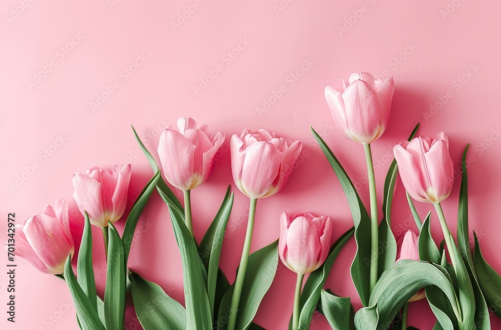 Bouquet of pink tulips flowers on pastel pink background.