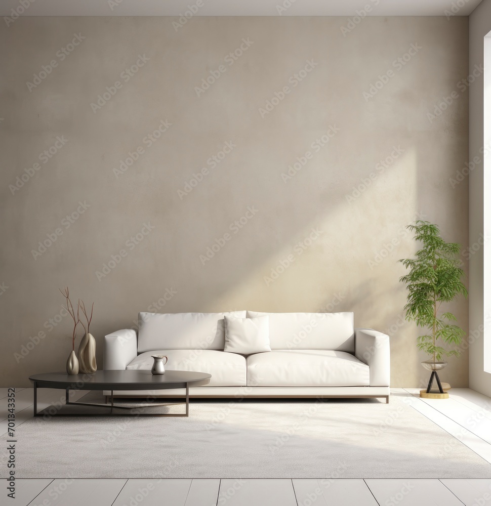 Minimalist living room interior with beige sofa and coffee table Minimalist living room interior with beige sofa and coffee table