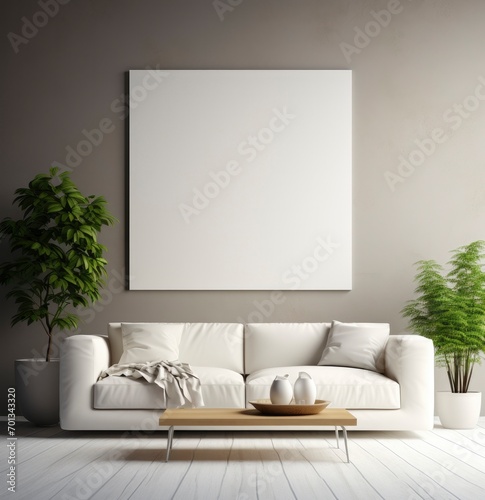 Minimalist living room interior with beige sofa and coffee table