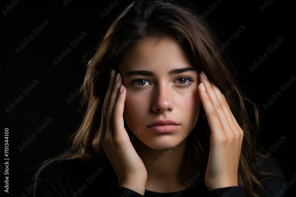 A lovely lady looks distressed while touching her forehead, suggesting she's unwell. Symbolizes migraine, weariness, and troubles