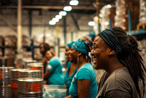 Joyful workers in colorful headwraps at a factory. Captures teamwork, diversity, and positivity in an industrial setting.