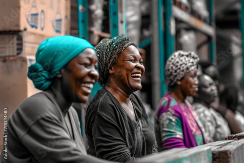 Joyful women laughing in a market, selective color technique. Vibrant candid moment, perfect for diverse happiness themes.