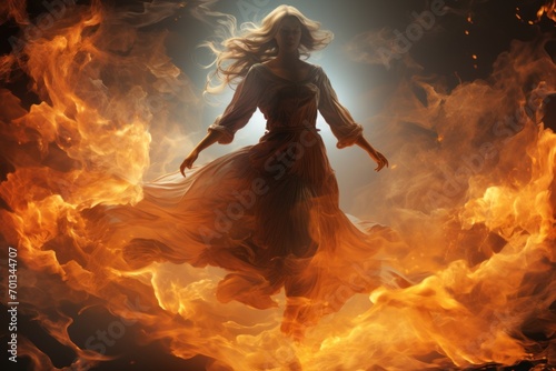 Girl engulfed by fiery tendrils, Phantom maiden in the netherworld