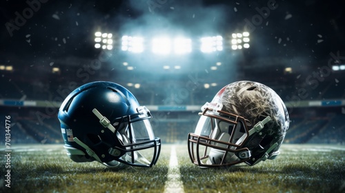 two american football helmets, football field, blurry stadium lights in the background, 16:9 photo