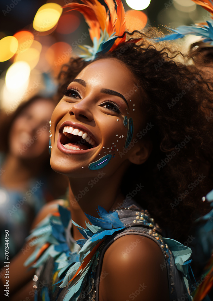 Brazilian carnival, people in costumes, musicians, feathers, sequins, drums Brazilian carnival, people in costumes, musicians, feathers, sequins, drums