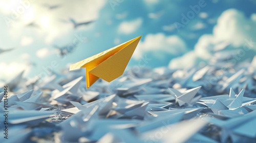 A lone yellow paper plane soars above a flock of falling white planes, a symbol of hope and resilience. ai generated.