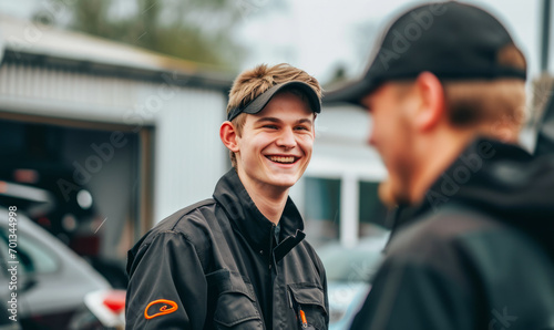 Smiling young mechanic in uniform engaging with colleague in a workshop setting.