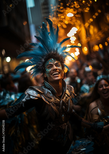 Brazilian carnival, people in costumes, musicians, feathers, sequins, drums photo