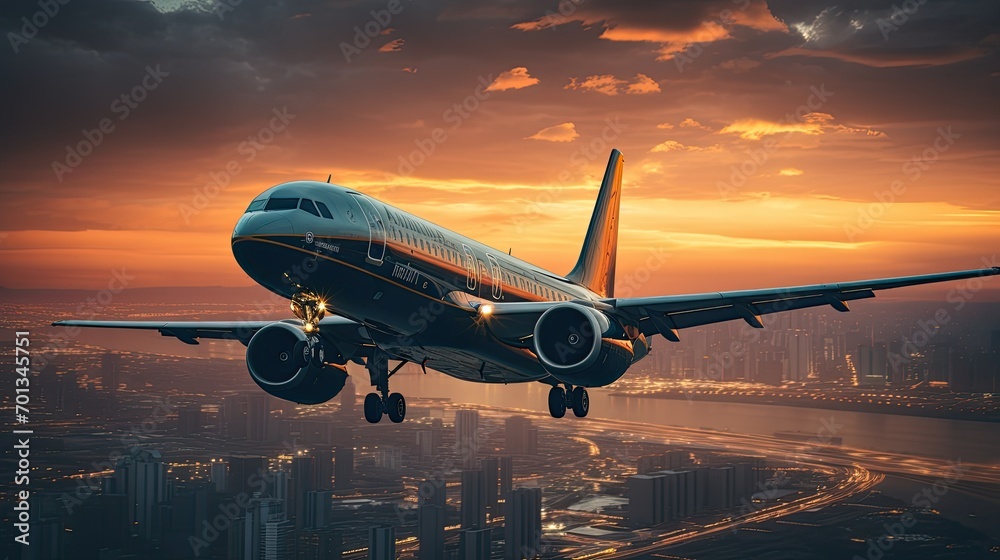 Close-up of an airplane taking off from the airport against the background of the city. Against the background of a night view of buildings. concept of holidays and vacation trips, Generate Ai Close-up of an airplane taking off from the airport against the background of the city. Against the background of a night view of buildings. concept of holidays and vacation trips, Generate Ai