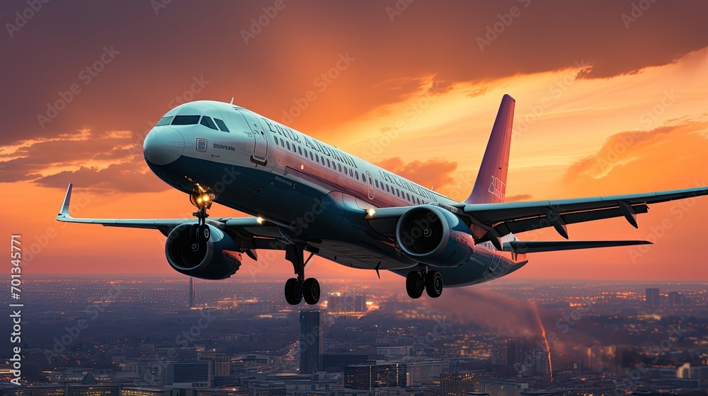 Obraz premium Close-up of an airplane taking off from the airport against the background of the city. Against the background of a night view of buildings. concept of holidays and vacation trips, Generate Ai