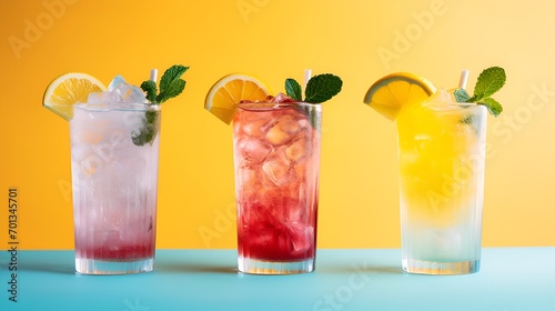Summer drinks in a plain background, colorful and refreshing , summer drinks, plain background, colorful, refreshing.