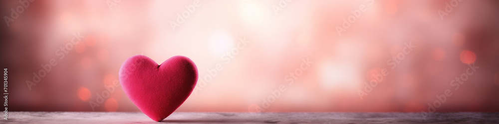 Crimson Valentine's Heart Standing On gray Table With pink  Shiny bockeh background. Banner. Valentine's Day Concept, february 14.
