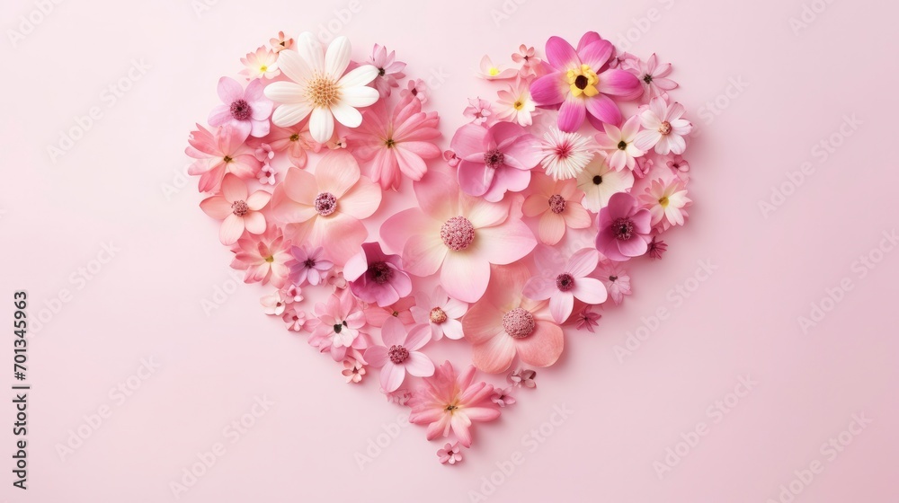 Heart shape made of pink flowers against pastel pink background