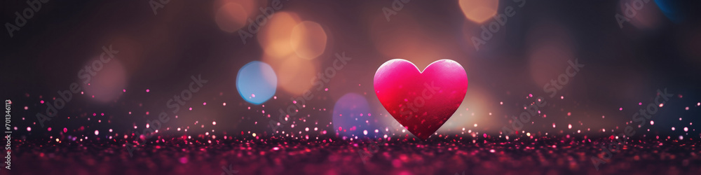 Valentine's Day banner with heart, pink and crimson heart on blurred dark bockeh background. Paper heart and glittery shiny background, copy space. 