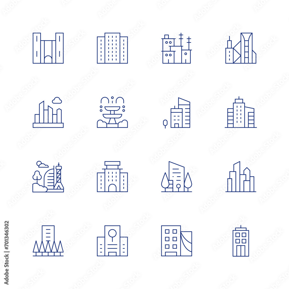 Urban line icon set on transparent background with editable stroke. Containing architectonic, cityscape, city, skyscraper, building, kibera, fountain, office building, hotel, research center, urban.