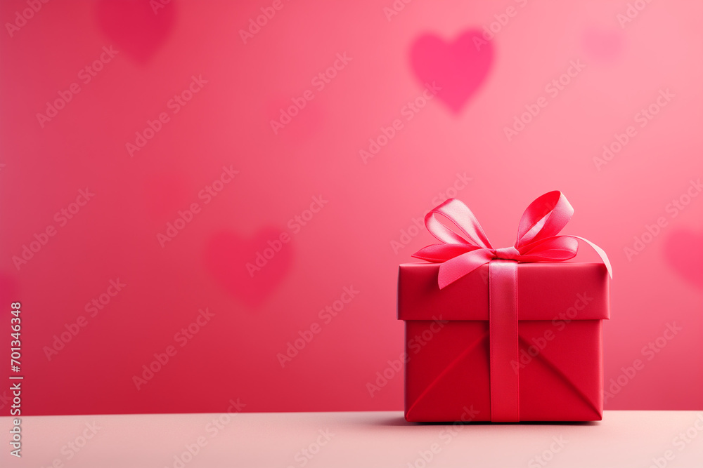 Red gift box, Valentine's Day gift, ribbon bow, hearts in the background. Red and pink copy space wallpaper. Concept art design for February 14.
