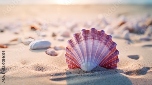 conch seashell laying at the beach at sunset with waves