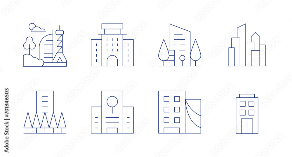 Urban icons. Editable stroke. Containing city, skyscraper, hotel, building, research center, urban art, cityscape.
