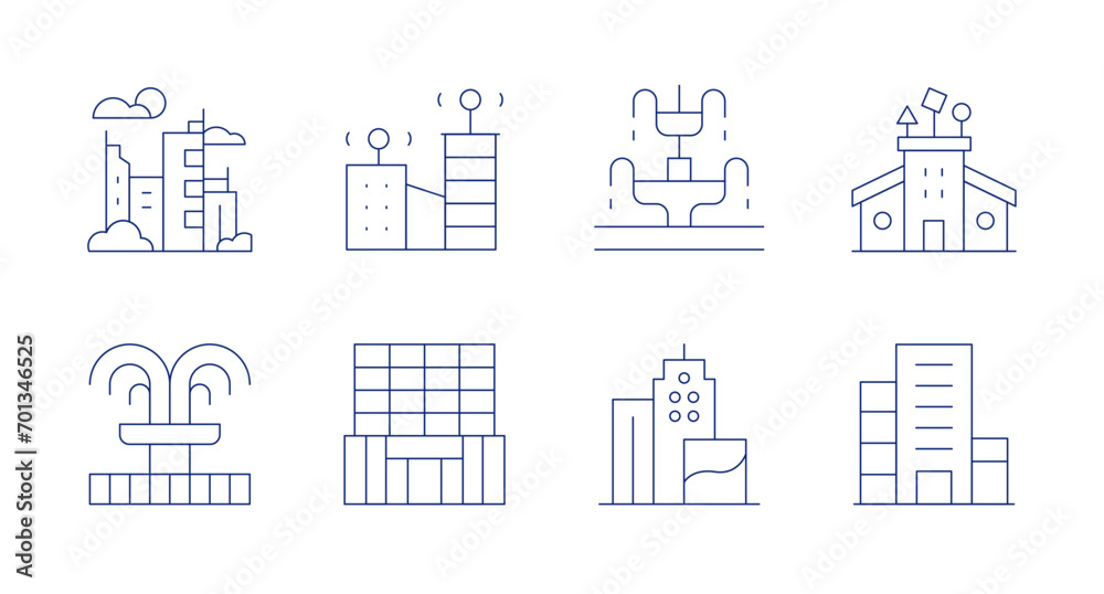 Urban icons. Editable stroke. Containing city, fountain, smart city, office, urban art, daycare center, building.