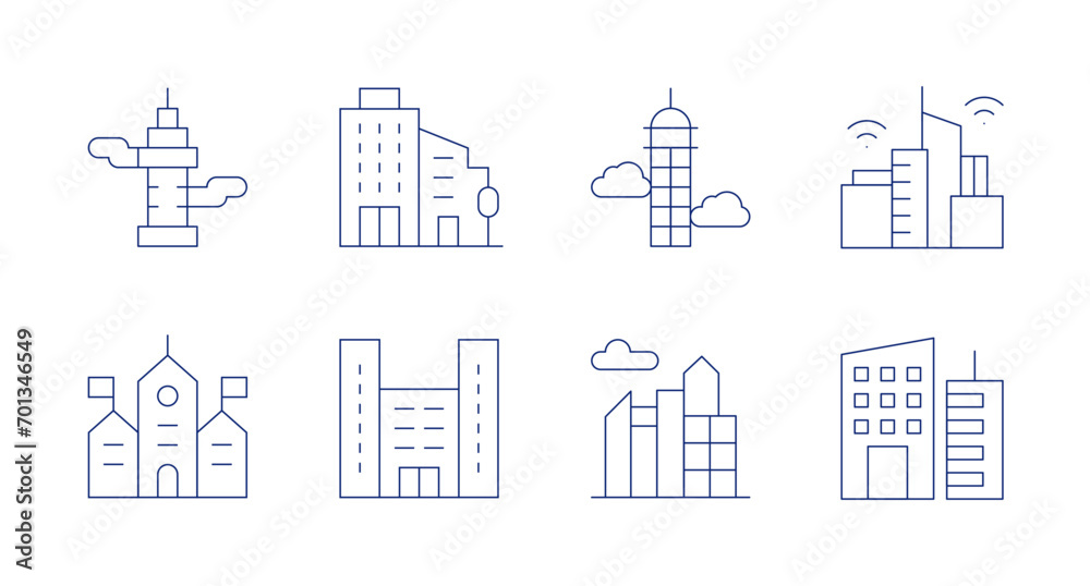 Urban icons. Editable stroke. Containing skyscrapper, town hall, building, skyscraper, skyline, smart city, cityscape.