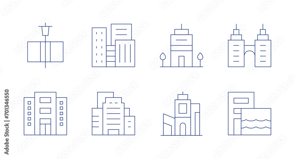 Urban icons. Editable stroke. Containing street light, town, company, building, office, skyscraper, city, urban art.