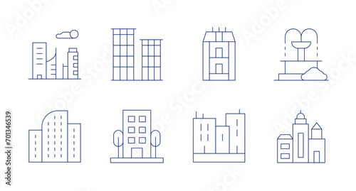 Urban icons. Editable stroke. Containing cityscape, buildings, skyscraper, building, city, fountain.
