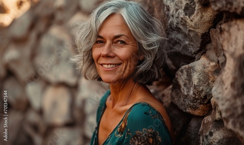 Foto Portrait of a 60 year old, gray hair, wavy bob haircut, standing against a stone