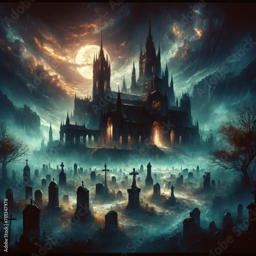 Night at the Gothic Cemetery  a gothic cathedral and cemetery bathed in the ethereal glow of a full moon amidst mystical clouds  evoking an aura of enigmatic tranquility Generative AI