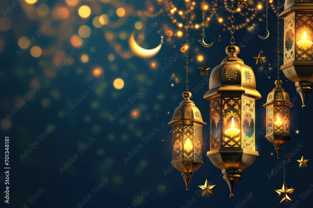 Ramadan Kareem background with a combination of shining hanging gold lanterns. Generative AI. Ramadan Kareem background with a combination of shining hanging gold lanterns. Generative AI.