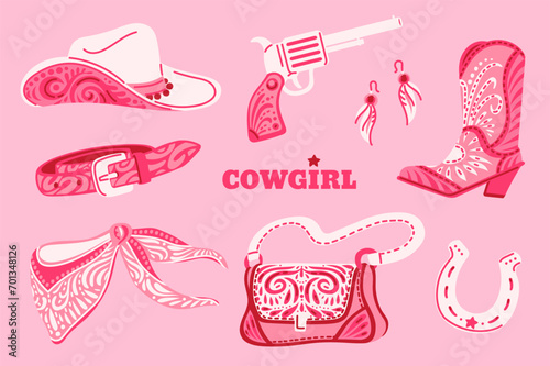 Retro west cowgirl accessories vector set, Boho style bag, boot, hat and earrings with floral print, horseshoe and gun