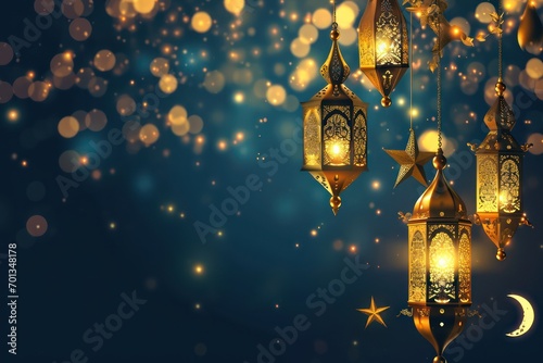 Foto Ramadan Kareem background with a combination of shining hanging gold lanterns