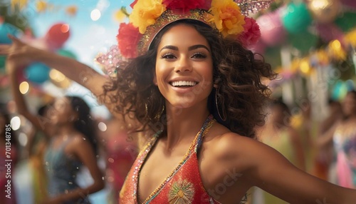 Female South American Dancer or Performer - Dancing in the Street in a Colorful Dress - During a Festivity such as Carnival, Feria de Cali, Carnavales de Barranquilla