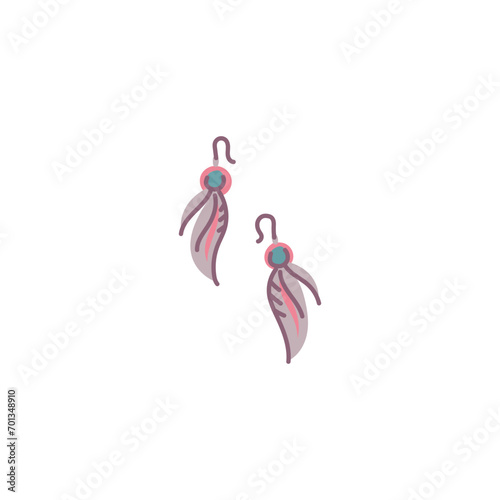 Retro west cowgirl earrings with feathers, vector glamour accessory in western fashion, Boho style hipster decoration